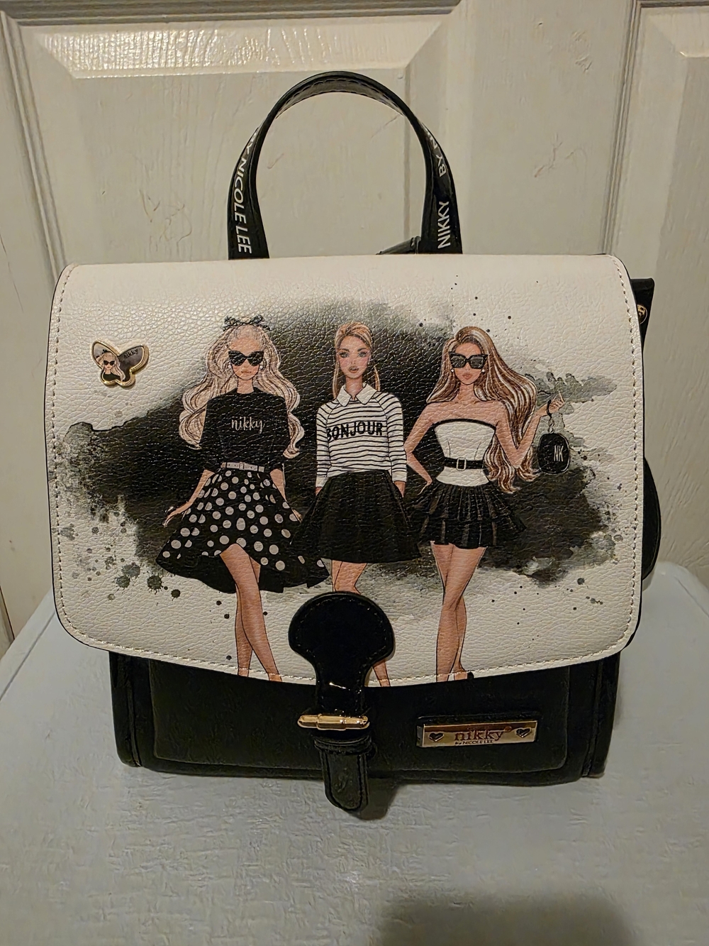 Nicole Lee Black & White Fashion Girls Convertible Backpack